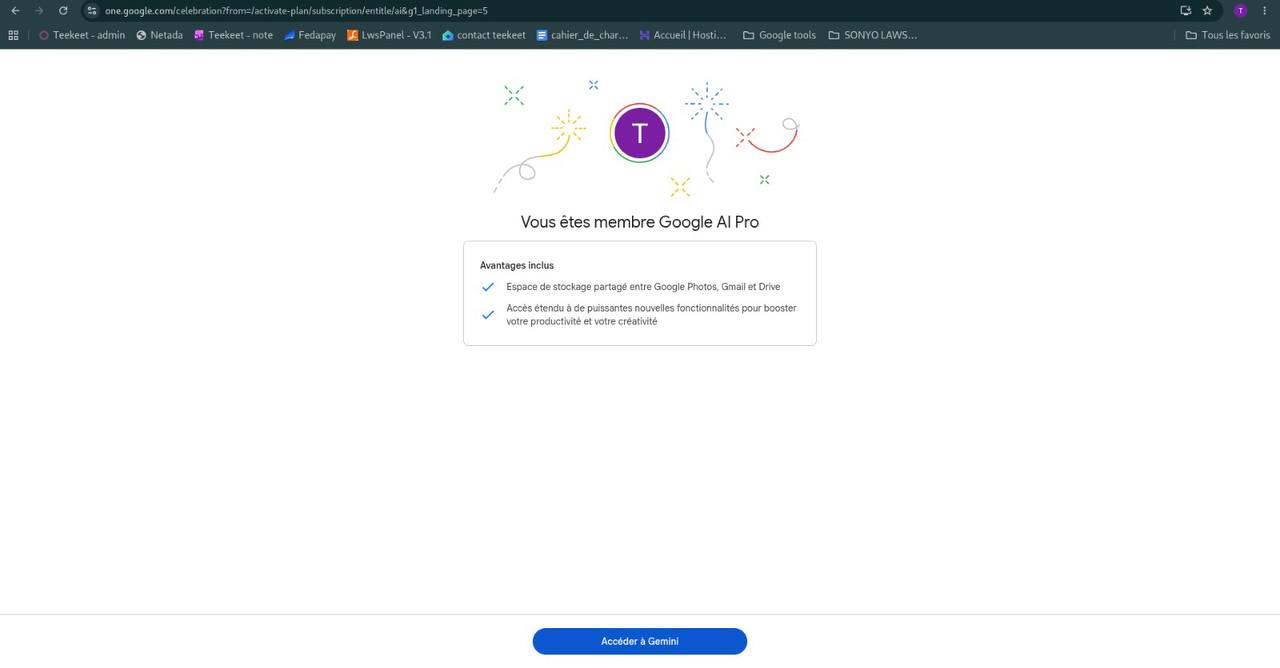 Confirmation Google indiquant que le compte est membre Google AI Pro