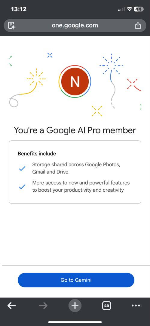 Confirmation mobile indiquant que le compte est membre Google AI Pro