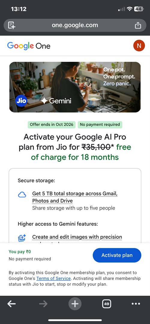 Page Google One proposant l’activation du forfait Google AI Pro pendant 18 mois